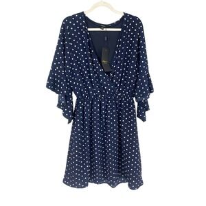Espresso Los Angeles Navy White Polka Dot Ruffle Sleeve Wrap Dress Women's M